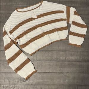 NWT- Striped White and Mocha Cropped Sweater, Size Medium